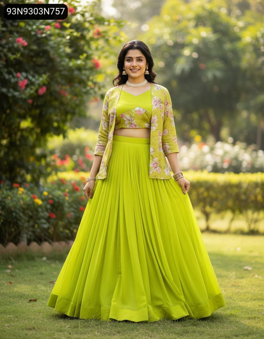 TRENDBUY model gracefully posing in a lime green georgette lehenga with a floral foil printed koti jacket.