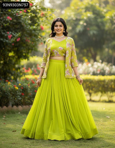 TRENDBUY Elegant Foil Printed Georgette Lehenga & Viscose Chanderi Koti Set