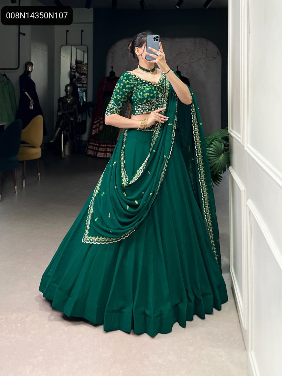 TRENDBUY Green Georgette Lehenga Choli with intricate thread embroidery, full body front view, model showcasing draped dupatta.