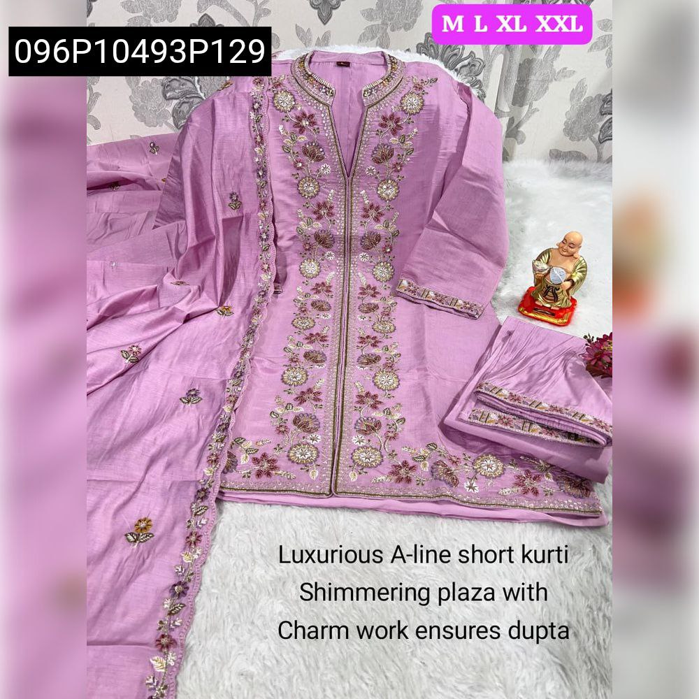 TRENDBUY elegant lavender Roman silk kurti set featuring heavy floral embroidery, matching palazzo, and detailed dupatta, displayed on a plush white rug.