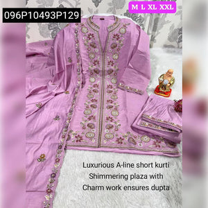 TRENDBUY Elegant Heavy Work Roman Silk Kurti with Plazo & Dupatta Set