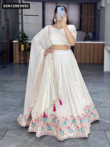 TRENDBUY Elegant Off-White Embroidered Faux Georgette Lehenga Choli Set