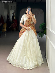 TRENDBUY Elegant Off-White New Crush Lehenga Choli Set with Handloom Kora Silk Kalamkari Dupatta