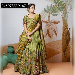 TRENDBUY Elegant Olive Green Tussar Silk Kalamkari Print Lehenga Choli Set