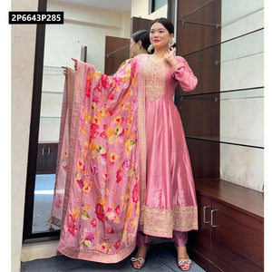 TRENDBUY Elegant Pastel Pink Roman Silk Embroidered Anarkali Kurta Set with Dupatta