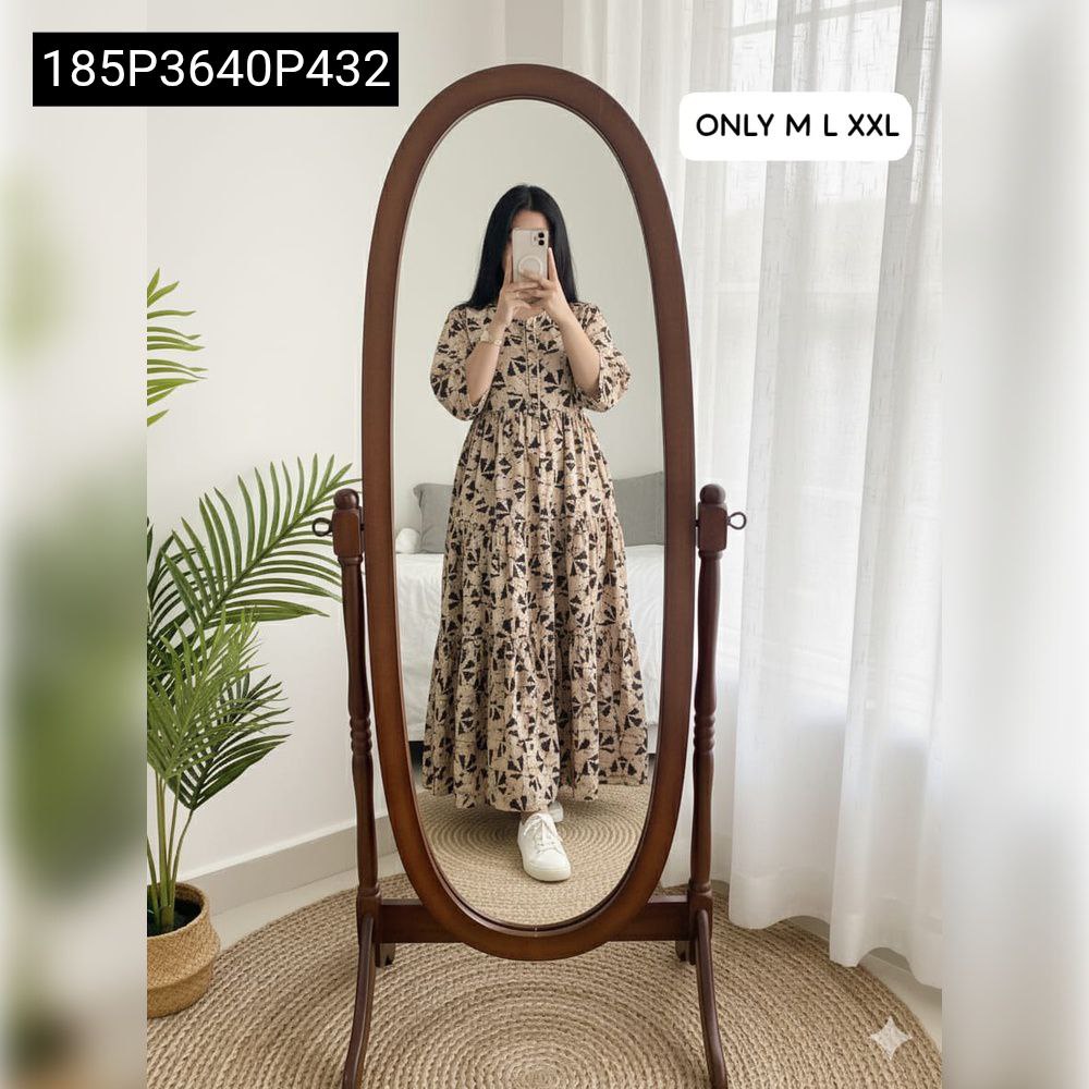 TRENDBUY women's beige and brown geometric printed cotton suit dress, full body shot in mirror, perfect for festive occasions.