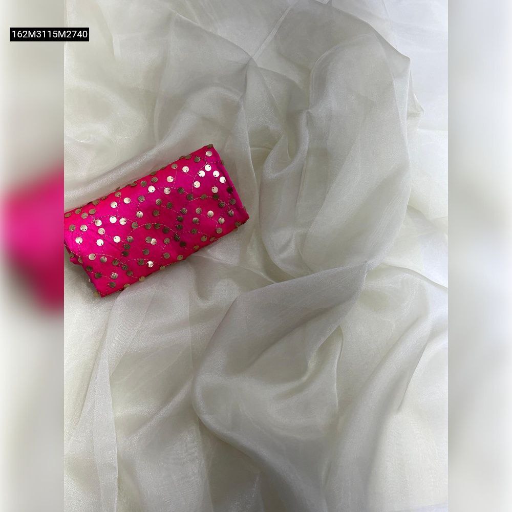 TRENDBUY White Pure Organza Silk Saree draped with Hot Pink Raw Silk blouse, adorned with gold sequins.