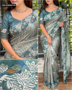 TRENDBUY Elegant Pure Tusser Silk Saree with Multi-Thread Bird Embroidery & Digital Print