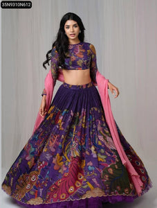 TRENDBUY Elegant Purple Kalamkari Cotton Lehenga Choli Set with Pink Dupatta