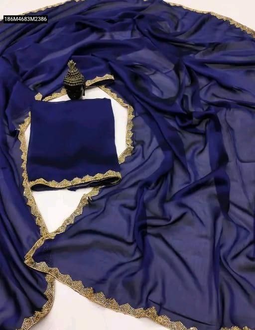 TRENDBUY Navy Blue Rangoli Soft Shine Saree with rich Moti lace border, neatly folded with its matching blouse piece, presenting a luxurious traditional look.