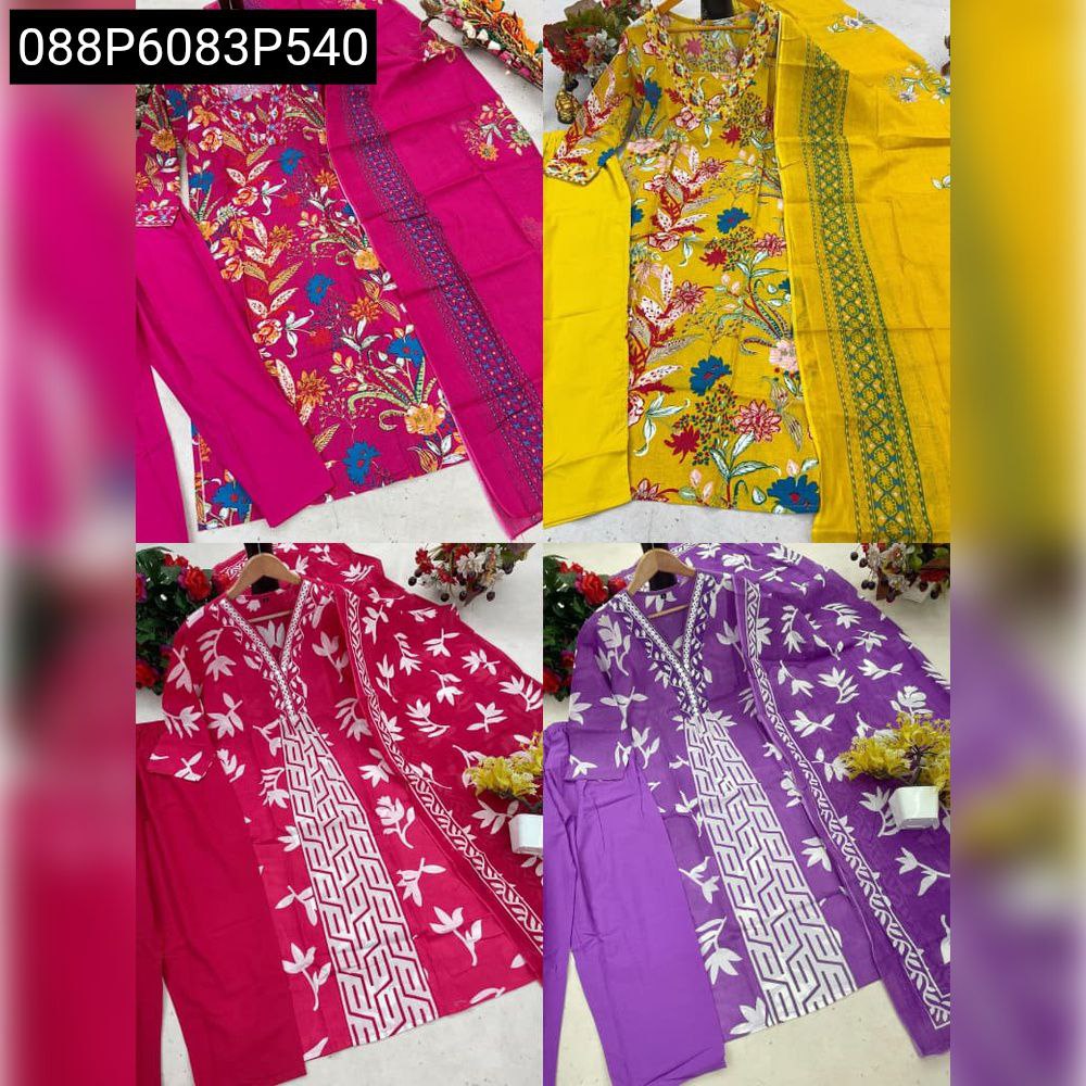 Close-up of intricate embroidery work on the round neckline of a pink cotton kurti