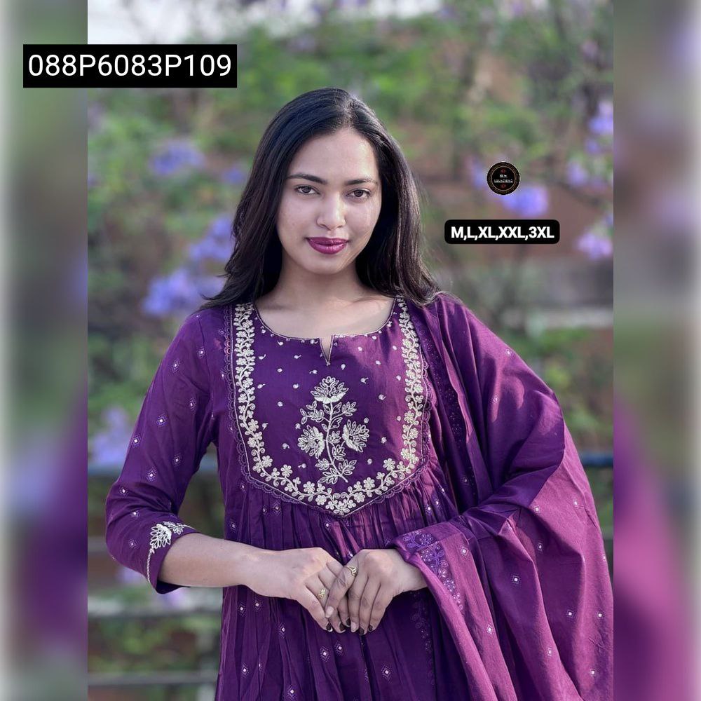 Close-up of model in TRENDBUY Deep Plum Anarkali Kurta Set, smiling directly at the camera, highlighting facial features and neckline embroidery