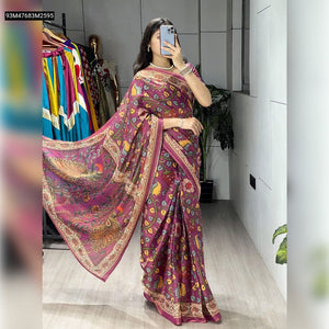 TRENDBUY Elegant Shimmar Printed Saree with All-Over Traditional Designs & Unstitched Blouse