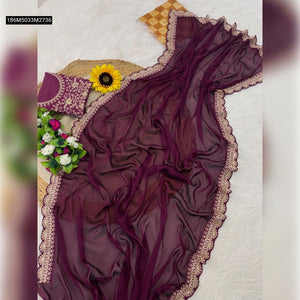 TRENDBUY Elegant Silk Saree with Intricate Golden Embroidery & Scalloped Lace Border