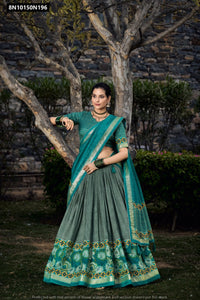 TRENDBUY Elegant Teal Green Tasar Silk Floral Print Lehenga Choli Set