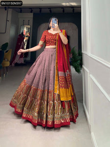 TRENDBUY Elegant Tussar Silk Kashmiri Print Lehenga Choli with Dupatta Set