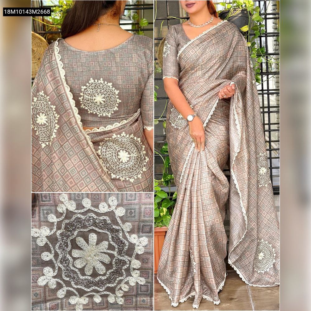 Model wearing the TRENDBUY Taupe/Brown Multi-color Tusser Cotton Saree, showcasing the Ajrakh print and circular Khatha work on the pallu and matching blouse, with a close-up inset of the intricate embroidery.