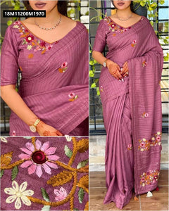 TRENDBUY Elegant Tusser Cotton Saree with Floral Thread & Katha Work