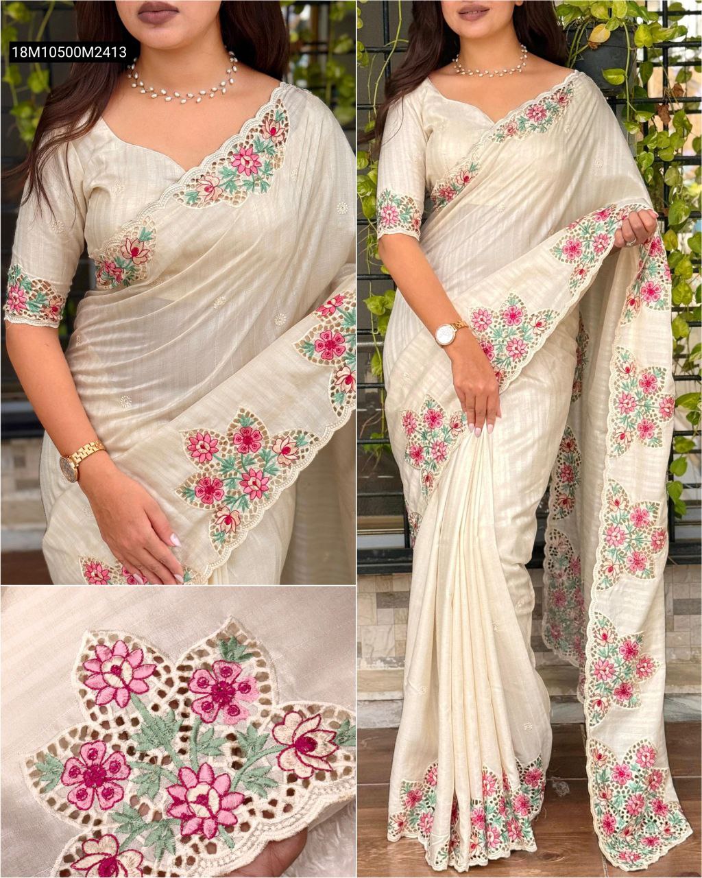 TRENDBUY Cream Tusser Cotton Saree with intricate multi-thread floral embroidery and cutwork worn by a model.