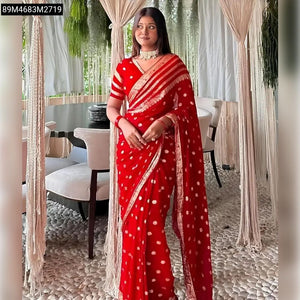 TRENDBUY Elegant Viscose Georgette Saree with Intricate Zari Weaving & Running Blouse