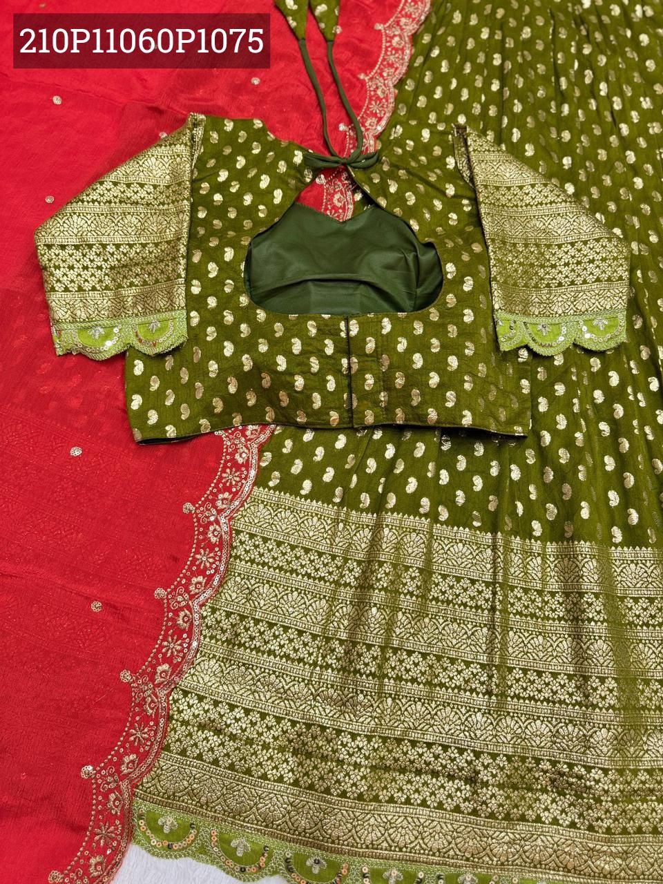 TRENDBUY Olive Green Viscose Tissue Silk Lehenga Blouse with intricate gold motifs and red sequin embroidered dupatta, top-down view.