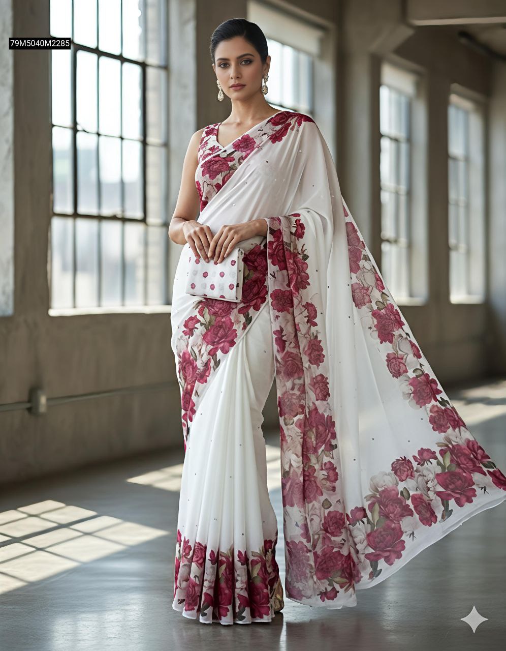 Elegant woman wearing TRENDBUY white Kota Chex saree with red rose digital print and delicate mirror work, holding a matching clutch in a modern indoor setting.