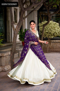 TRENDBUY Elegant White Rayon Lehenga Choli with Zari & Sequin Embroidered Purple Dupatta