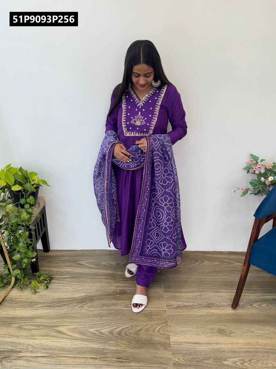 Elegant model posing in full length TRENDBUY Dark Wine Embroidered Anarkali Gown Set, displaying its flow.