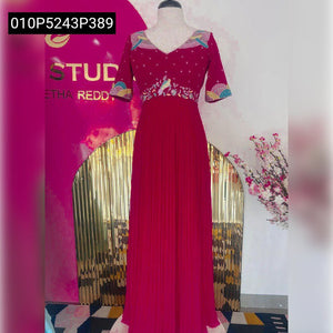 TRENDBUY Embroidered Chinon Silk Gown | Elegant Pleated Maxi Dress
