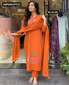TRENDBUY Embroidered Cotton Kurta & Pant Set with Malmal Dupatta