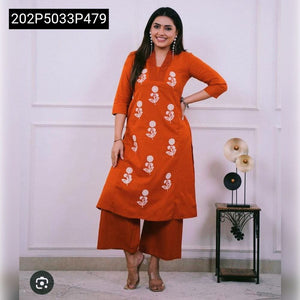 TRENDBUY Embroidered Cotton Kurti with Palazzo Pant Set