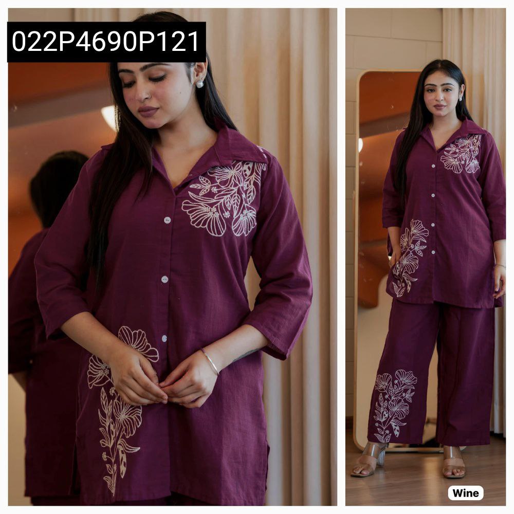 TRENDBUY model wearing Wine Embroidered Cotton Slub Co-ord Set, full body shot.