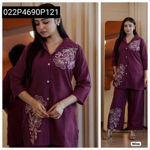 TRENDBUY Embroidered Cotton Slub Tunic & Palazzo Co-ord Set