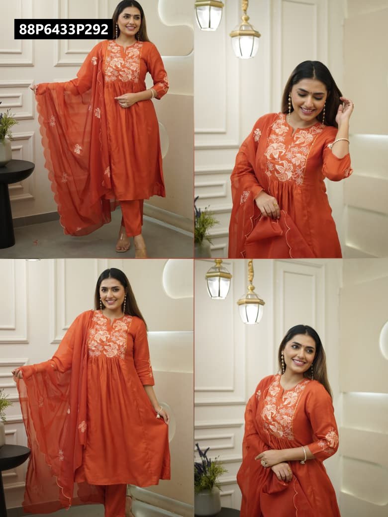 TRENDBUY Rust Orange Chinon Kurta Pant Set with Organza Dupatta, model posing elegantly