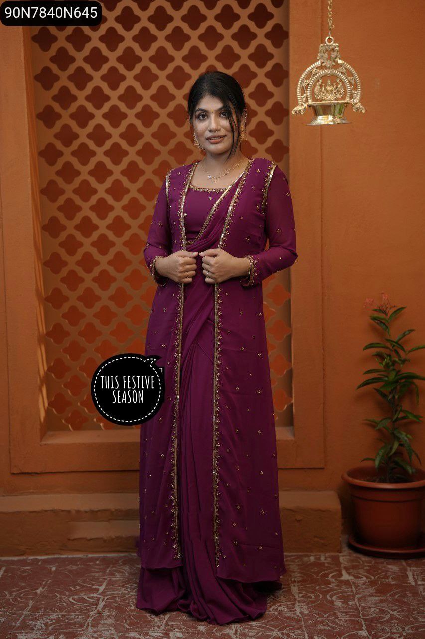 Full body shot of model wearing the TRENDBUY plum purple embroidered faux georgette lehenga set with koti and dupatta, festive vibe.