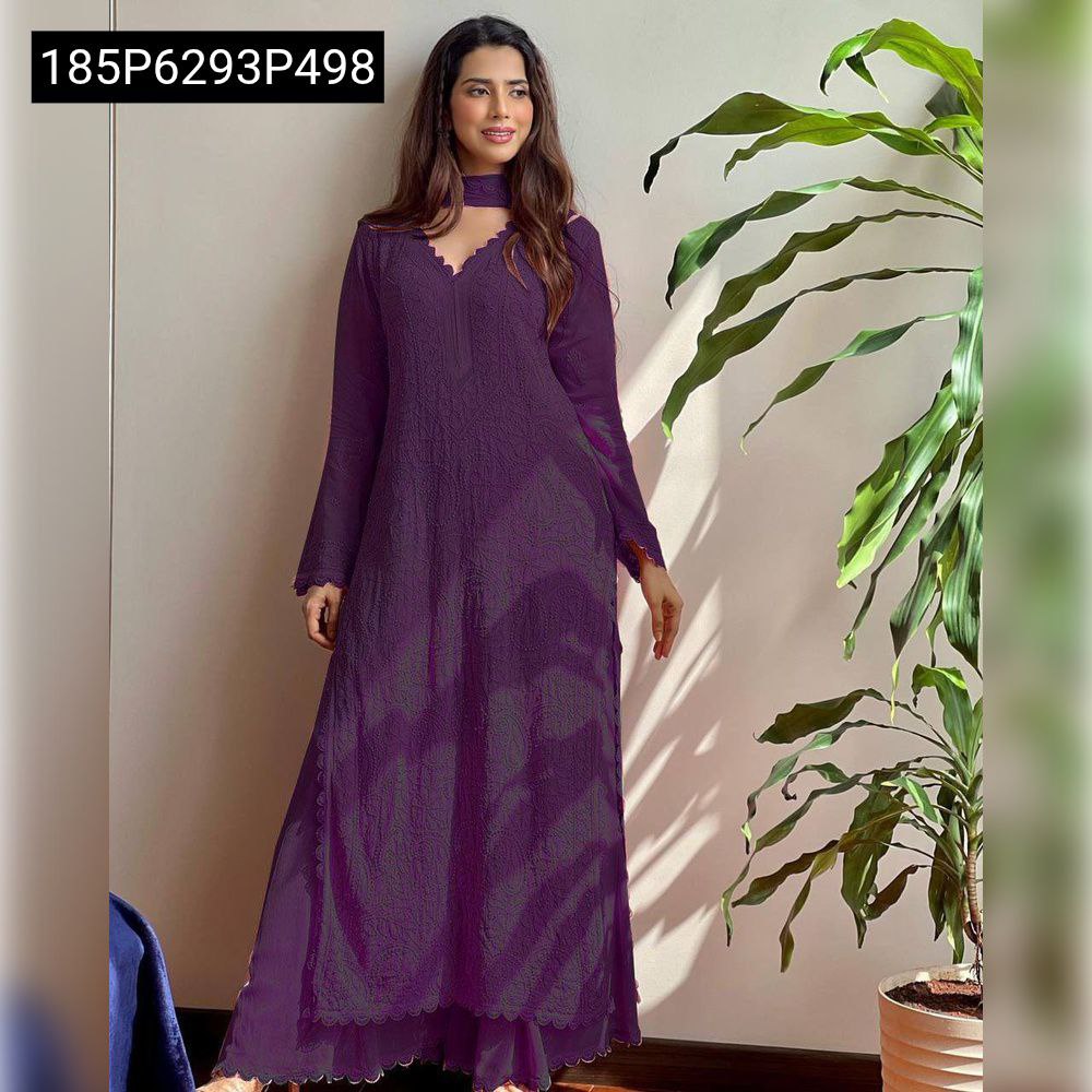 TRENDBUY Women's Faux Georgette Embroidered Plazo Suit in Plum with Dupatta
