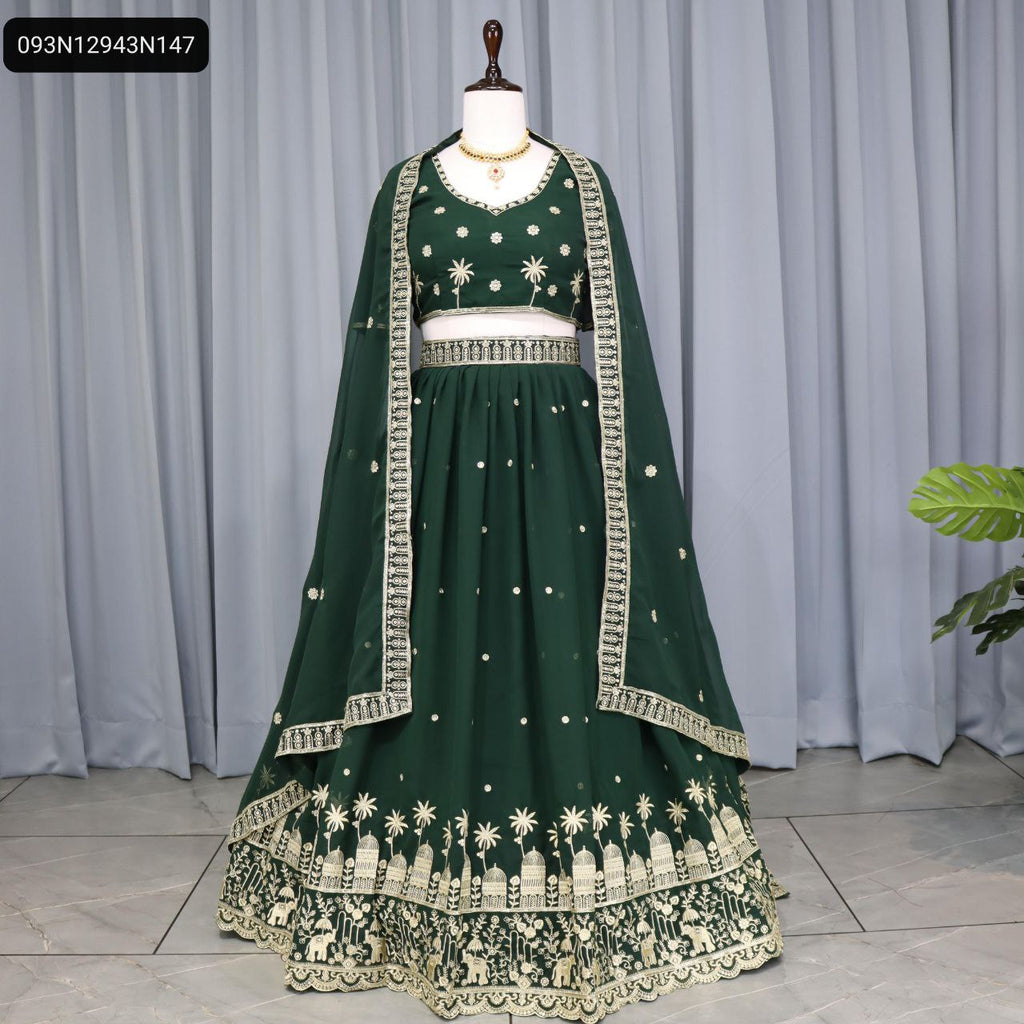 Full view of TRENDBUY Emerald Green Georgette Lehenga Choli Set, dupatta elegantly draped over shoulders, showcasing the rich embroidery on the flared lehenga, blouse, and dupatta border.