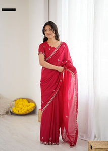 TRENDBUY Embroidered Georgette Silk Saree with Moti Work & Matching Blouse