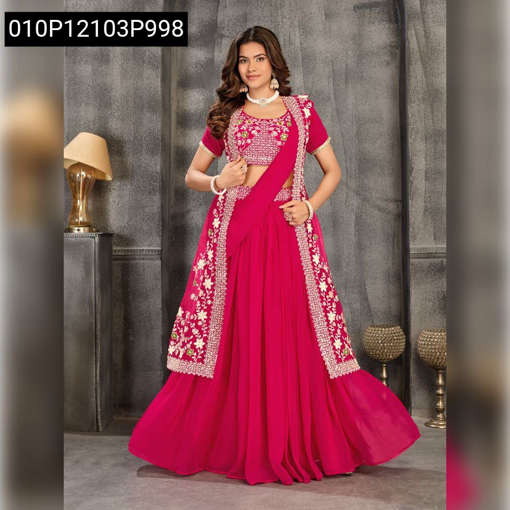 Full body shot of a TRENDBUY model in a stunning hot pink embroidered lehenga choli set, gracefully wearing the detachable square net coat with sequence and moti work.