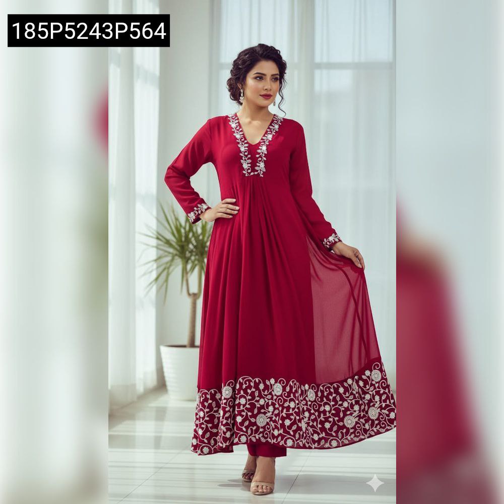 TRENDBUY model wearing Rani red pure georgette V-neck top and palazzo with intricate white embroidery, full shot.