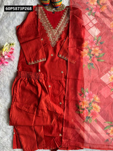 TRENDBUY Embroidered Rayon Slub Kurti Set with Floral Chanderi Dupatta