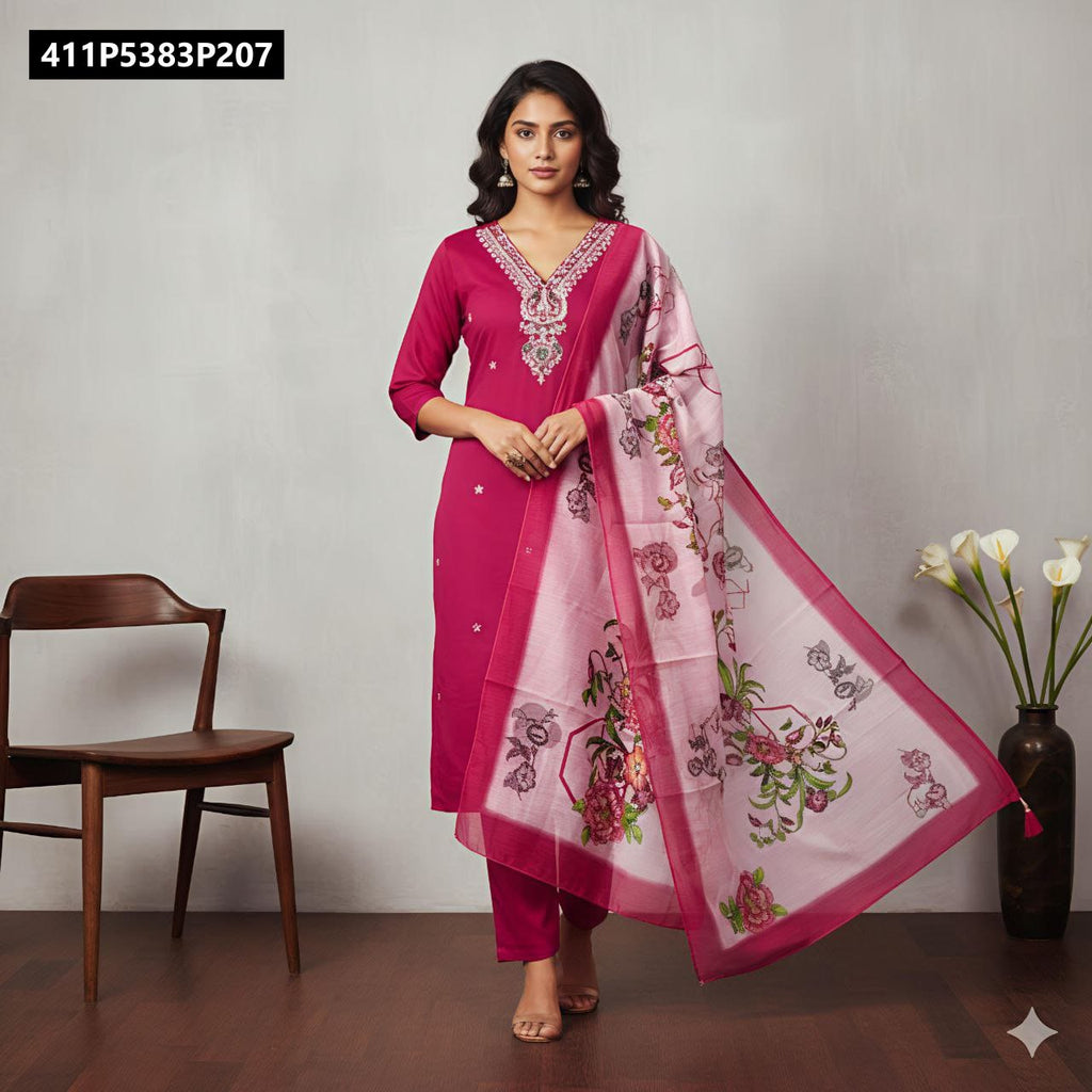 Full body shot of a woman in a magenta TRENDBUY Roman silk embroidered kurta set with a digital print dupatta, standing elegantly.