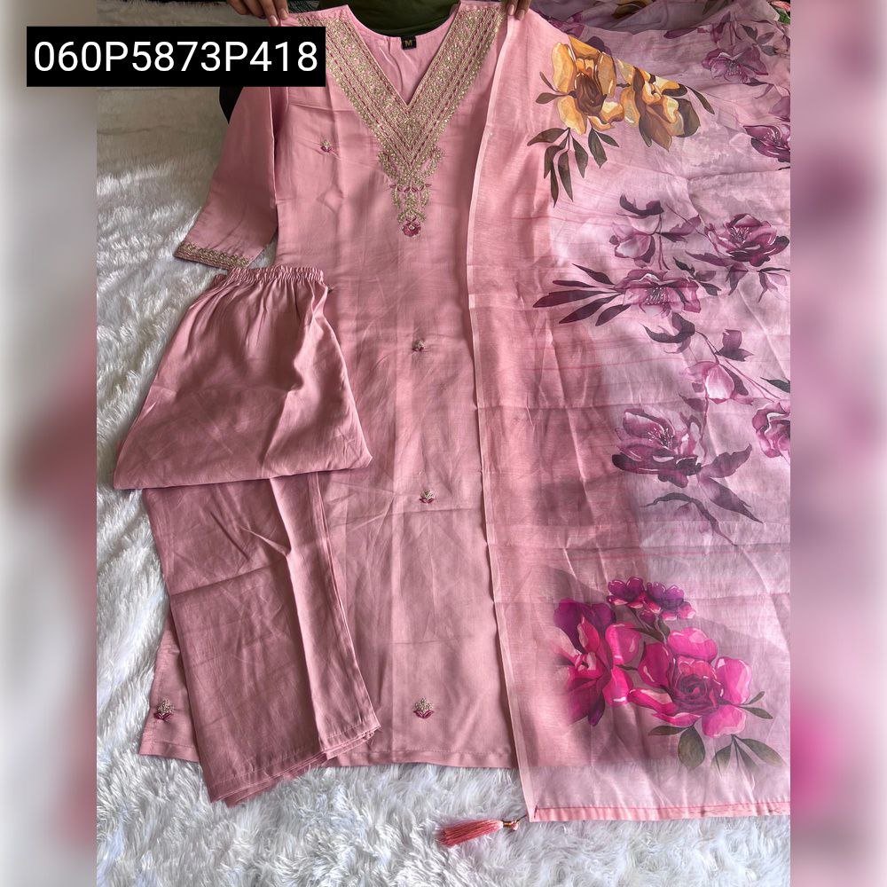 TRENDBUY Light Peach Roman Silk Kurti Set held up, showcasing the full length of the embroidered kurti, matching pant, and flowing digital print chanderi dupatta.