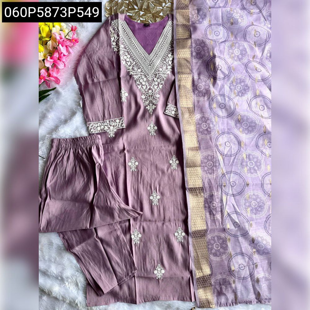 Complete flat lay view of the TRENDBUY lavender Roman silk kurti, matching gathered pant, and patterned Chanderi butti dupatta with golden border, displayed on a white fur surface.