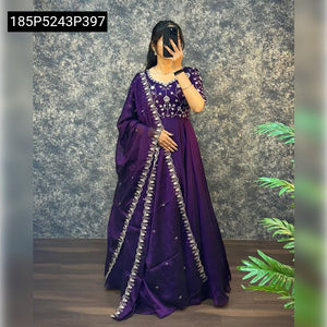 TRENDBUY Embroidered Satin Chiffon Gown with Dupatta Set