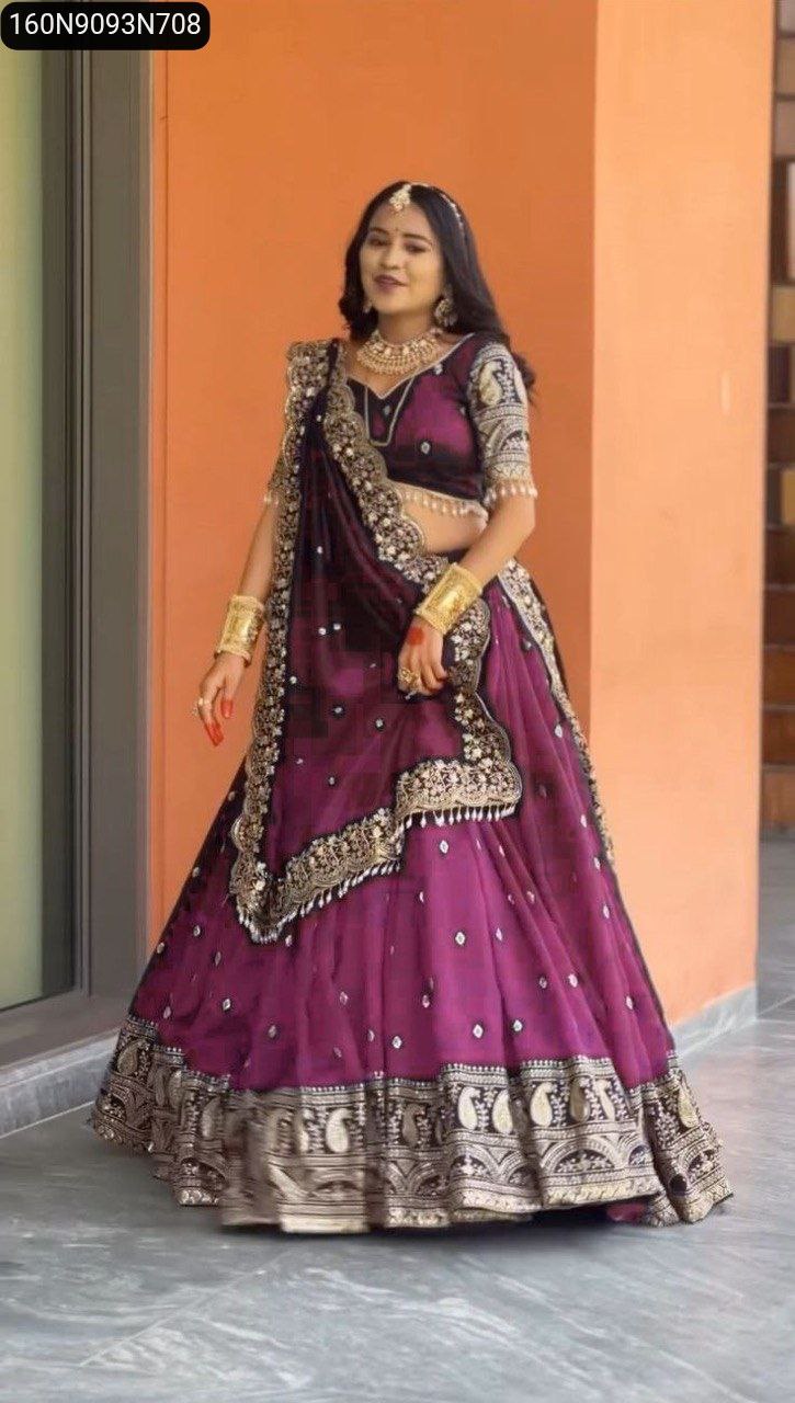 TRENDBUY Plum Vichitra Silk Lehenga Choli with intricate thread and sequin work, modeled gracefully.