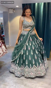 TRENDBUY Emerald Green Bridal Lehenga Choli with Heavy Sequence & Pearl Work