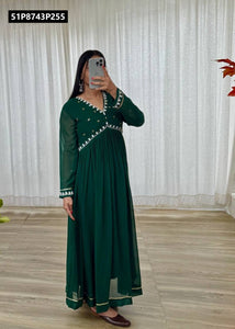 TRENDBUY Emerald Green Embroidered Fox Georgette Gown with Dupatta