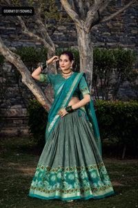 TRENDBUY Emerald Green Tussar Silk Floral Print Lehenga Choli Set with Can-Can
