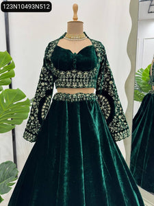 TRENDBUY Emerald Green Viscose Velvet Lehenga Choli with Thread & Sequin Work